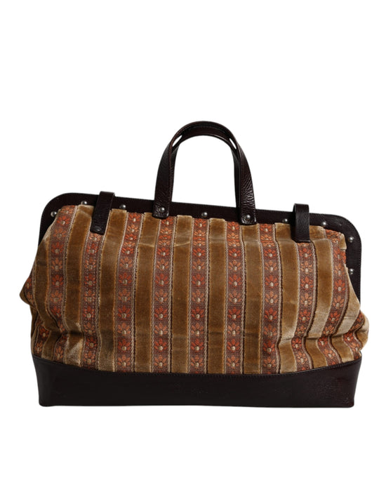 Beige Maroon Velvet Leather Jacquard Travel Handbag Bag